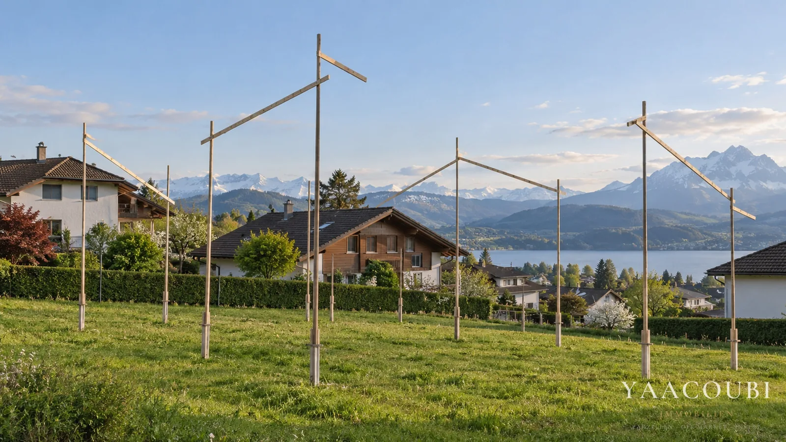 Bauprofile auf einer Wiese zeigen ein mögliches Volumen