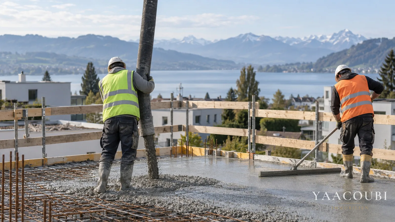 Bauarbeiter betonieren eine Decke, im Hintergrund See und Berge