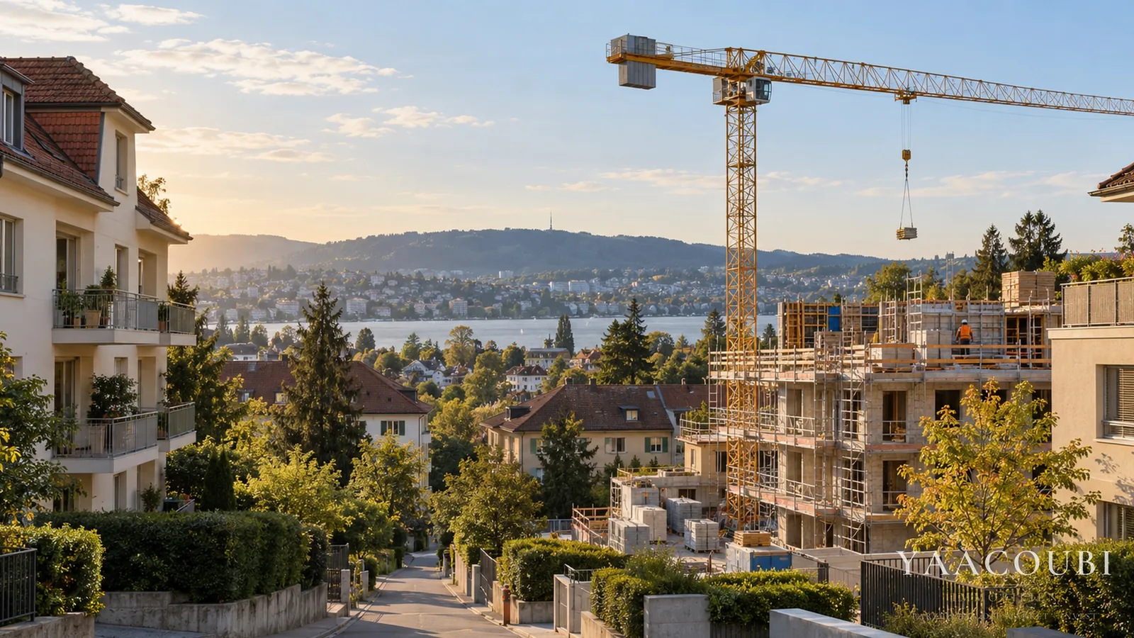 Baukran über einem Wohnquartier am See