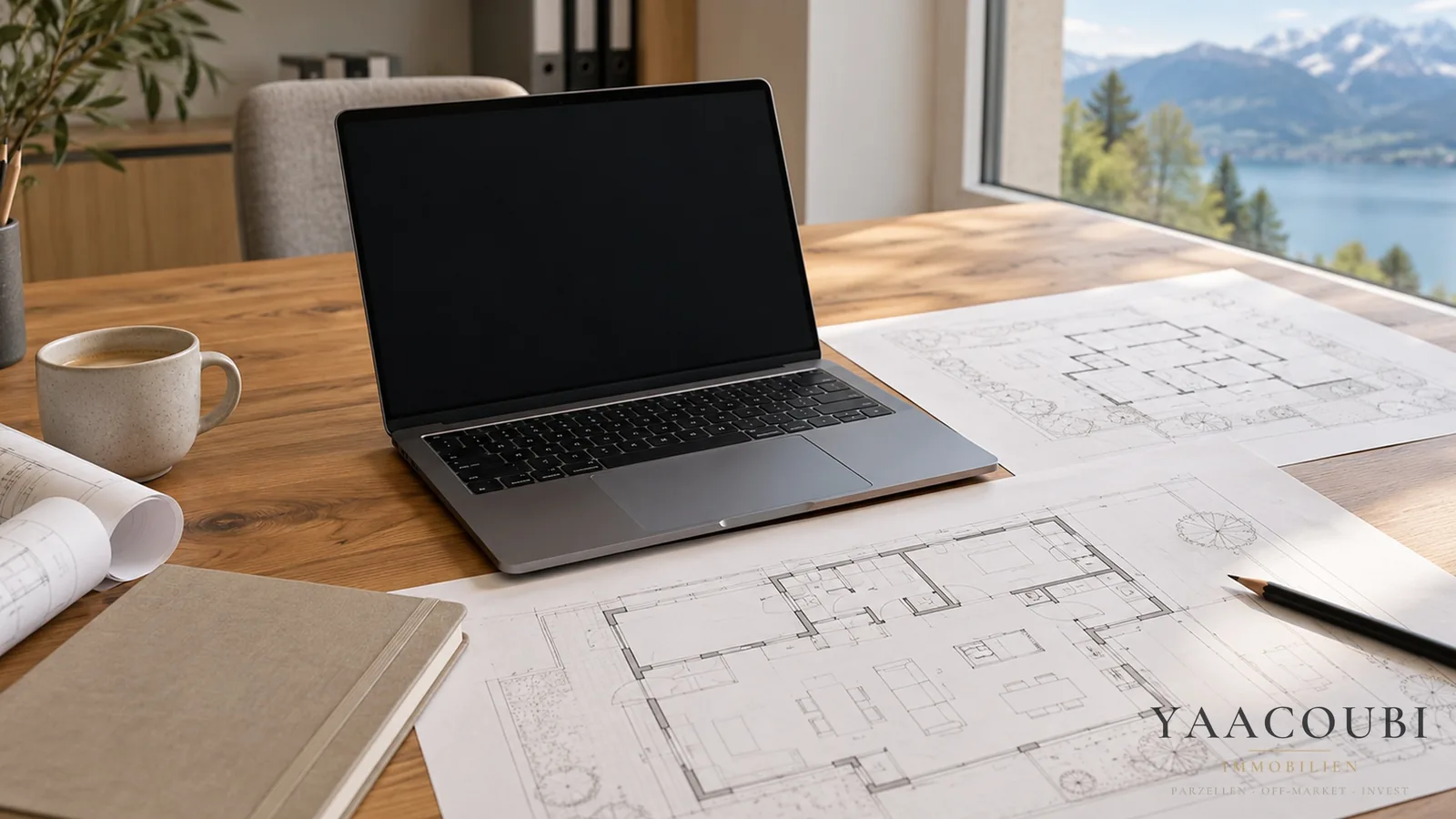 Laptop und Pläne auf einem Arbeitstisch