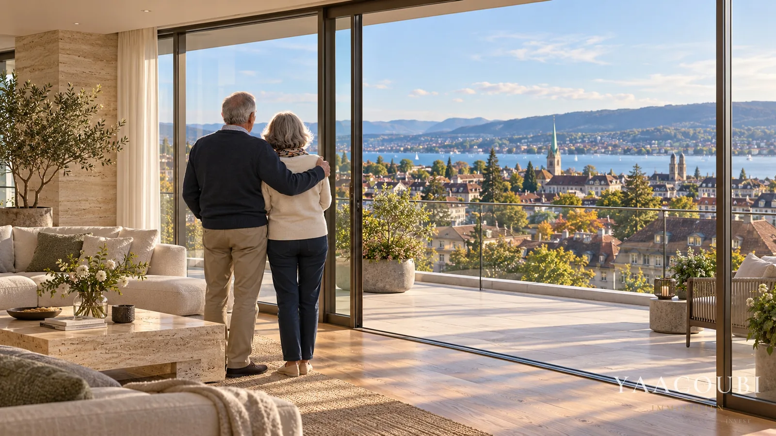 Dasselbe Ehepaar in einer hellen Wohnung mit Blick über Stadt und See