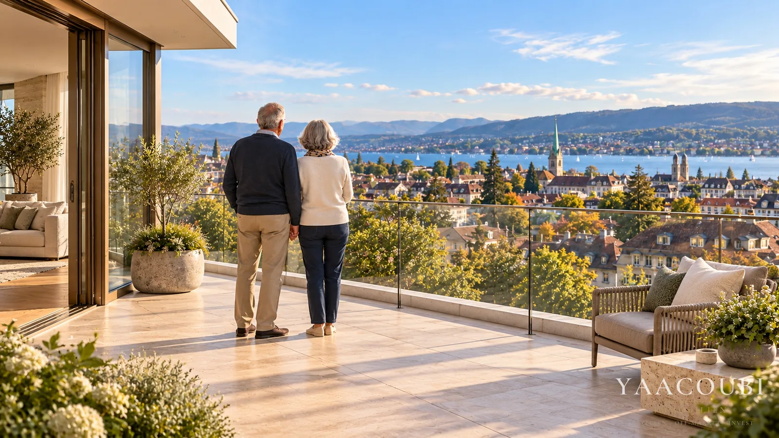 Das Ehepaar auf einer Terrasse mit Blick über die Stadt zum See