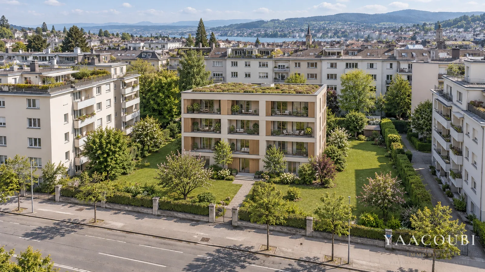 Stadtgrundstück zwischen Nachbarhäusern, vier Geschosse