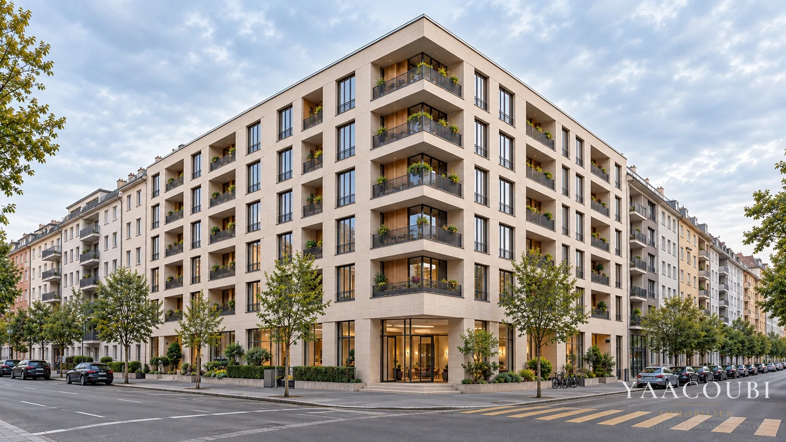 Moderner Wohnblock an einer Stadtecke