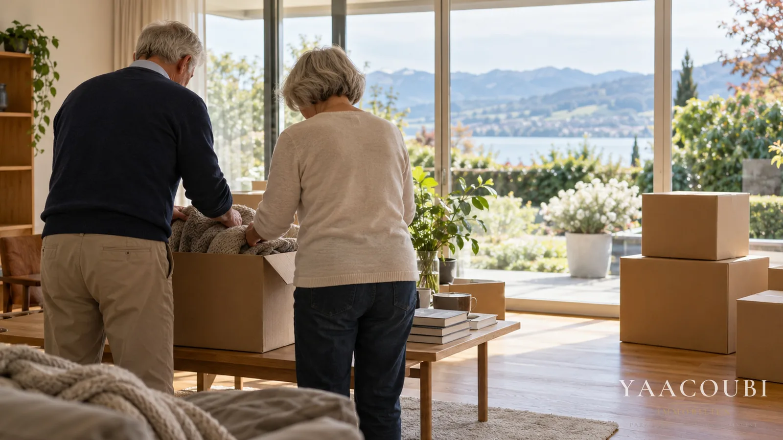 Ein Ehepaar packt Umzugskisten in seinem Haus