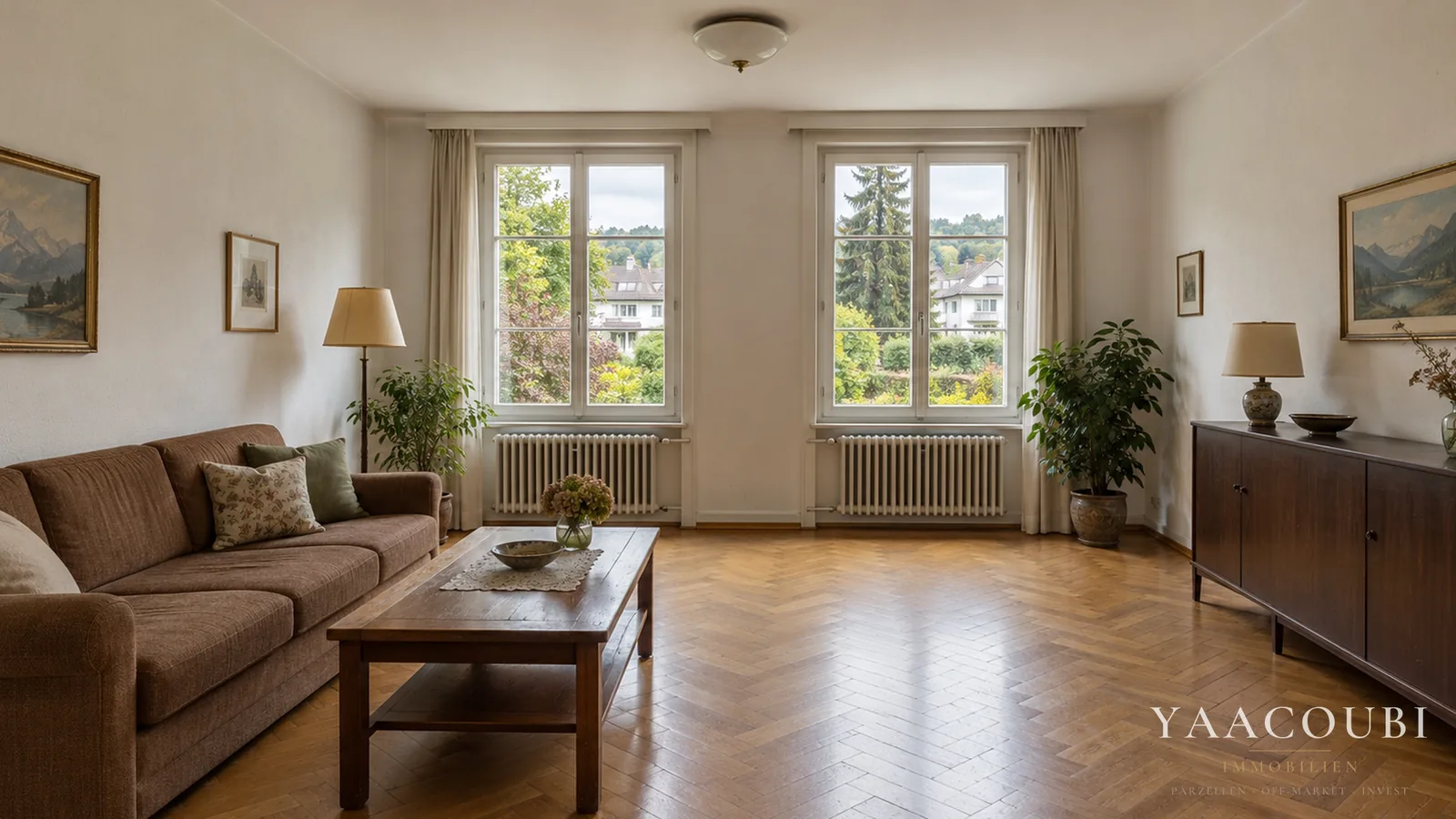 Wohnzimmer einer Altbauwohnung — Heute